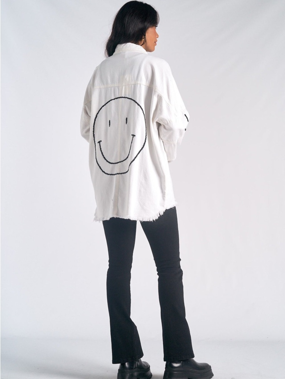 Elan White Oversized Shacket with Black Smiley Back